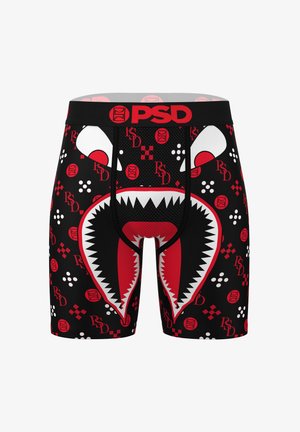 Black boxer briefs with a red and white shark design, featuring a branded waistband and a mix of geometric patterns. Materials are stretchable.