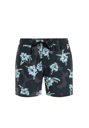 Pantaloni da nuoto neri con un motivo floreale in azzurro chiaro e verde, con vita elastica e chiusura con lacci.