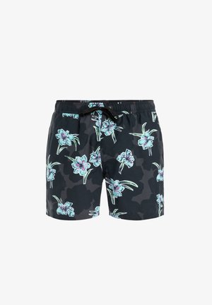 Pantaloni da nuoto neri con un motivo floreale in azzurro chiaro e verde, con vita elastica e chiusura con lacci.