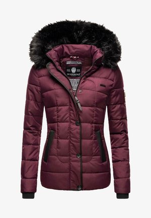 Donkerrode gewatteerde winterjas met capuchon met zwarte bontafwerking, rits aan de voorkant met knopen en zakken aan de zijkanten met zwarte afwerking.