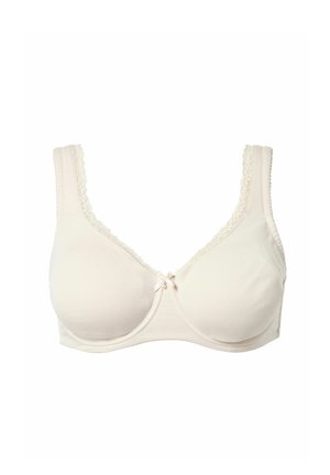 Hellt beigefarbener BH mit voll bedeckenden Cups, Spitzenbesatz an Trägern und Ausschnitt sowie einer kleinen zentralen Schleife.