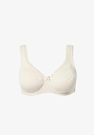 Reggiseno color crema con coppe a piena copertura, rifiniture in pizzo sulle spalline e sullo scollo, e piccolo fiocco centrale.