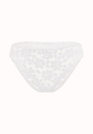 Weißer Spitzen-Bikini-Style Damenslips mit floralem Muster auf einem einfarbigen Hintergrund.