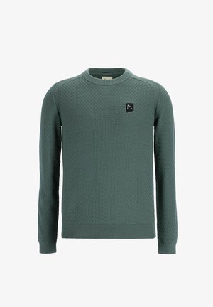 Suéter verde texturizado con cuello redondo, que presenta un pequeño parche de logo negro en el pecho y puños y dobladillo acanalados.