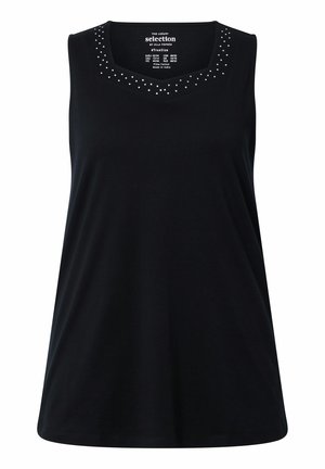 Schwarzes ärmelloses Damenoberteil mit quadratischem Ausschnitt, verziert mit kleinen silbernen Nieten, aus Pima-Baumwolle, Größenschilder im Kragen sichtbar.