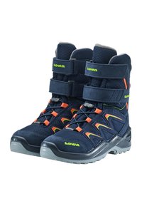 Scarpe da hiking blu navy con accenti grigi, dotate di una tomaia in tessuto, lacci arancioni, strap in Velcro e una suola in gomma texturizzata per una buona aderenza.