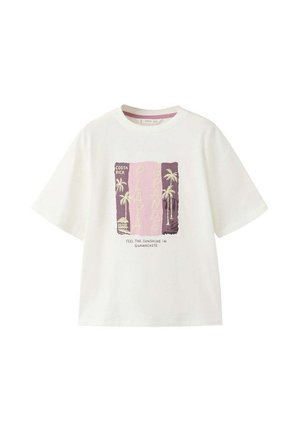 Hvid T-shirt med korte ærmer med palmetræsgrafik og tekst der lyder "Costa Rica", "Playa" og "Feel the sunshine in Guanacaste."