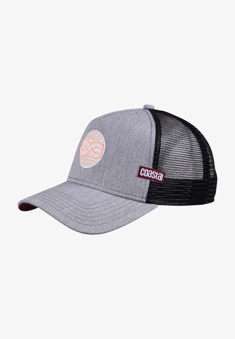 Gray fabric baseball cap with a black mesh back, featuring a circular patch with a sun design and "coastal" label in burgundy.