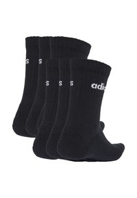 Calcetines de algodón negros, cinco pares, con textura acanalada, logo "adidas" blanco en el lateral, de longitud hasta el tobillo, con áreas de talón y puntera reforzadas.