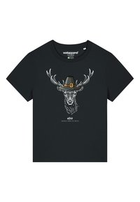 Zwarte t-shirt met korte mouwen met een afbeelding van een hert met een hoed, gedetailleerde takken en de tekst "dieren uit het zuiden."