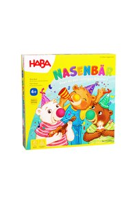 Kolorowe pudełko gry z trzema niedźwiedziami w czapkach imprezowych. Niedźwiedzie grają na instrumentach i świętują, na żółtym tle z radosnym wzorem tekstu.