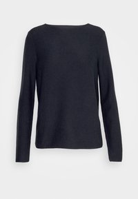 Pull noir à manches longues avec un col rond, une texture côtelée et une coupe droite. Présente une construction sans coutures et aucun accent visible.
