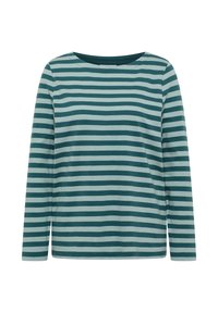 Langærmet skjorte med horisontale teal- og lyseblå striber, rund halsudskæring og afslappet pasform.
