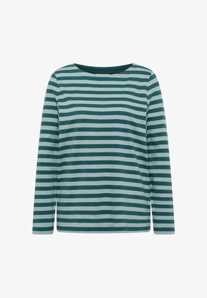 Chemise à manches longues avec des rayures horizontales teal et bleu clair, encolure ronde et coupe décontractée.