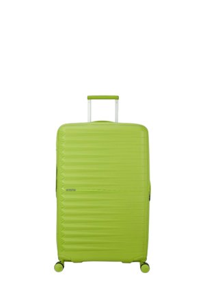 Valigia rigida verde con un design strutturato, ruote girevoli doppie e manico retraibile, caratterizzata da una finitura liscia e chiusura con zip.