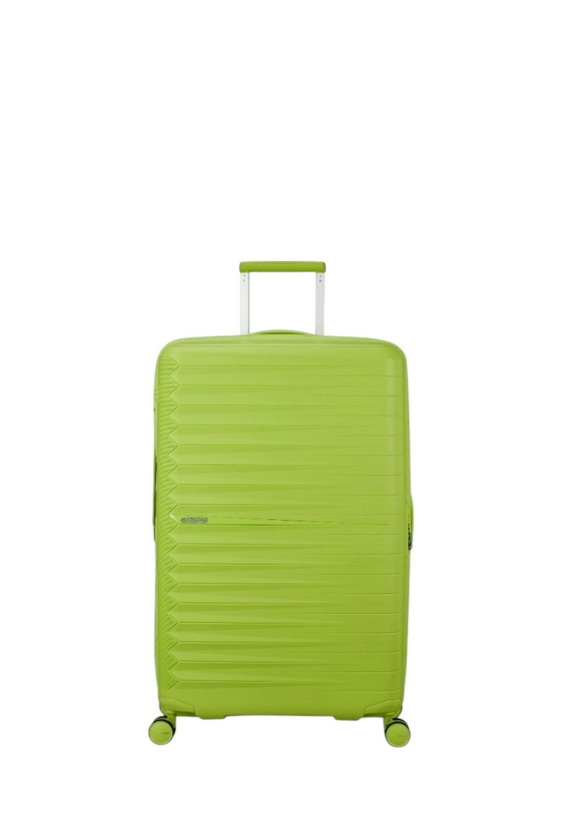 Valigia rigida verde con un design strutturato, ruote girevoli doppie e manico retraibile, caratterizzata da una finitura liscia e chiusura con zip.