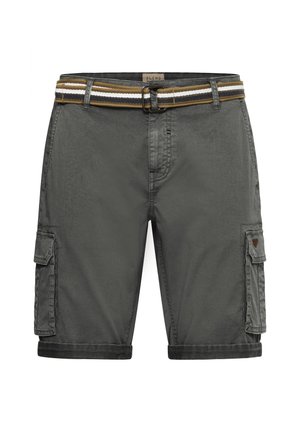 Grå cargo shorts med sidelommer, en rullet kant og et multifarvet stribet bælte. Fremstillet af holdbart bomuldsblandingsstof.