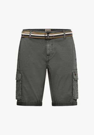 Grå cargo shorts med sidelommer, en rullet kant og et multifarvet stribet bælte. Fremstillet af holdbart bomuldsblandingsstof.