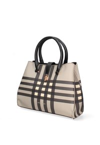 Borsa beige con manici neri e motivo a quadri. Caratterizzata da accessori dorati e una forma strutturata. Tessuto testurizzato con logo sulla parte anteriore.