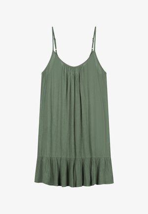 Rochie de vară verde fără mâneci cu bretele subțiri reglabile, decolteu adunat, croială largă și tiv cu volane.