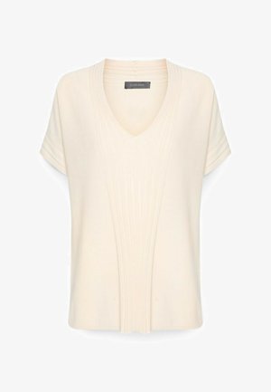 Blusa a maniche corte color crema con scollo a V e dettagli verticali plissettati sulla parte anteriore e sulle maniche.