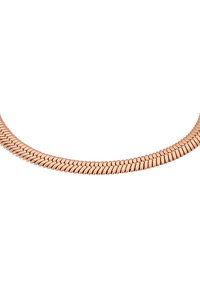 Collana in oro rosa con un design flessibile e intrecciato. Texture liscia e lucida con anelli di forma uniforme, creando una silhouette elegante.