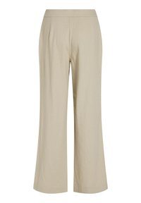 Beige kalhoty s širokými nohavicemi vyrobené z lehkého materiálu. Mají hladký pas a elegantní, nezdobený design pro minimalistický vzhled.