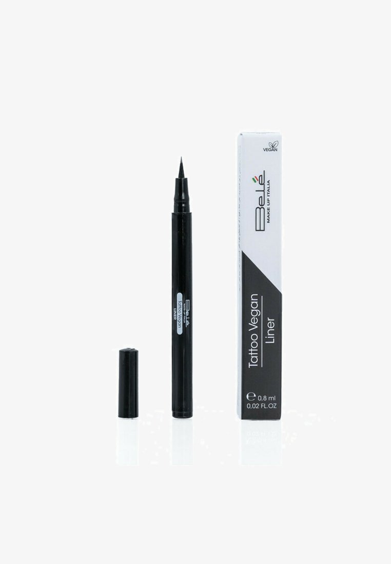 Eyeliner liquido nero con applicatore a punta fine, confezionato in una sottile scatola nera e bianca etichettata "Tattoo Vegan Liner", 0,8 ml.