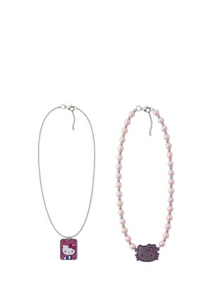 Two necklaces with Hello Kitty pendants: left has silver chain with rectangular pendant, right has pink beads with cat-shaped pendant.