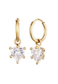 Boucles d'oreilles en or avec des cristaux transparents en forme de cœur amovibles, comportant six griffes maintenant chaque pierre en toute sécurité.
