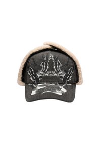 Cappello grigio con design a visiera, decorato con un grafico di un'aquila nera, dettagli ricamati "1971" e una fodera in pelliccia sintetica beige lungo il bordo.