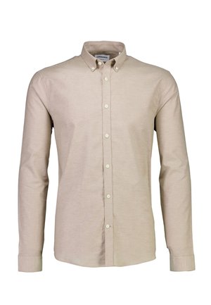 Beige overhemd met lange mouwen en knopen, voorzien van een kraag, gemaakt van een katoenmix stof, met knopen aan de voorkant en een gladde textuur.