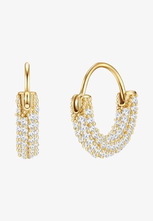 Arany fülbevalók texturált mintával, kis gyöngyökkel és kristály díszítésekkel, amelyek réteges, ívelt megjelenést kölcsönöznek.