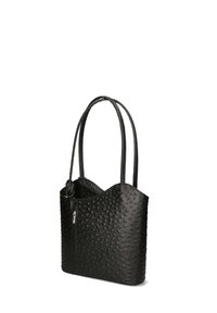 Borsa nera con texture, superficie liscia, parte superiore arrotondata e due manici lunghi. Presenta una tasca con zip su un lato.