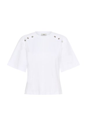 Bijela kratka majica s kratkim rukavima od pamuka, s okruglim izrezom, slična srebrenim okruglim perforacijama na ramenima i ravnim krojem.