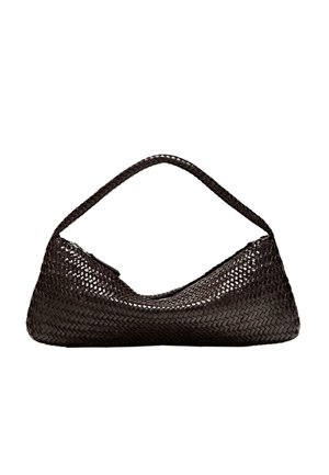 Kleine dunkelbraune gewebte Lederhandtasche mit einem einzelnen kurzen Riemen und einem Reißverschluss.