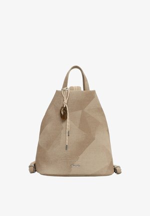 Béžový texturovaný batoh s horním madlem, nastavitelnými ramenními popruhy, stahovací šňůrkou s dekorativním kamenem a malým kovovým logem značky.