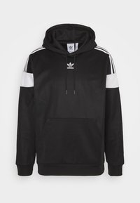 Black hooded sweatshirt with white accents, drawstring, and kangaroo pocket. Features three white stripes on each shoulder. Soft material.