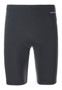 Schwarze Radsportshorts aus dehnbarem Stoff, ausgestattet mit einer gepolsterten Einlage und flachen Nähten für höheren Komfort. Logo auf dem Bund angebracht.
