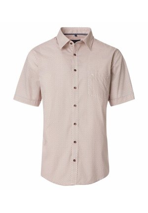 Short-sleeve button-up shirt in light pink with a geometric pattern. Features a chest pocket and brown buttons. Smooth fabric texture.