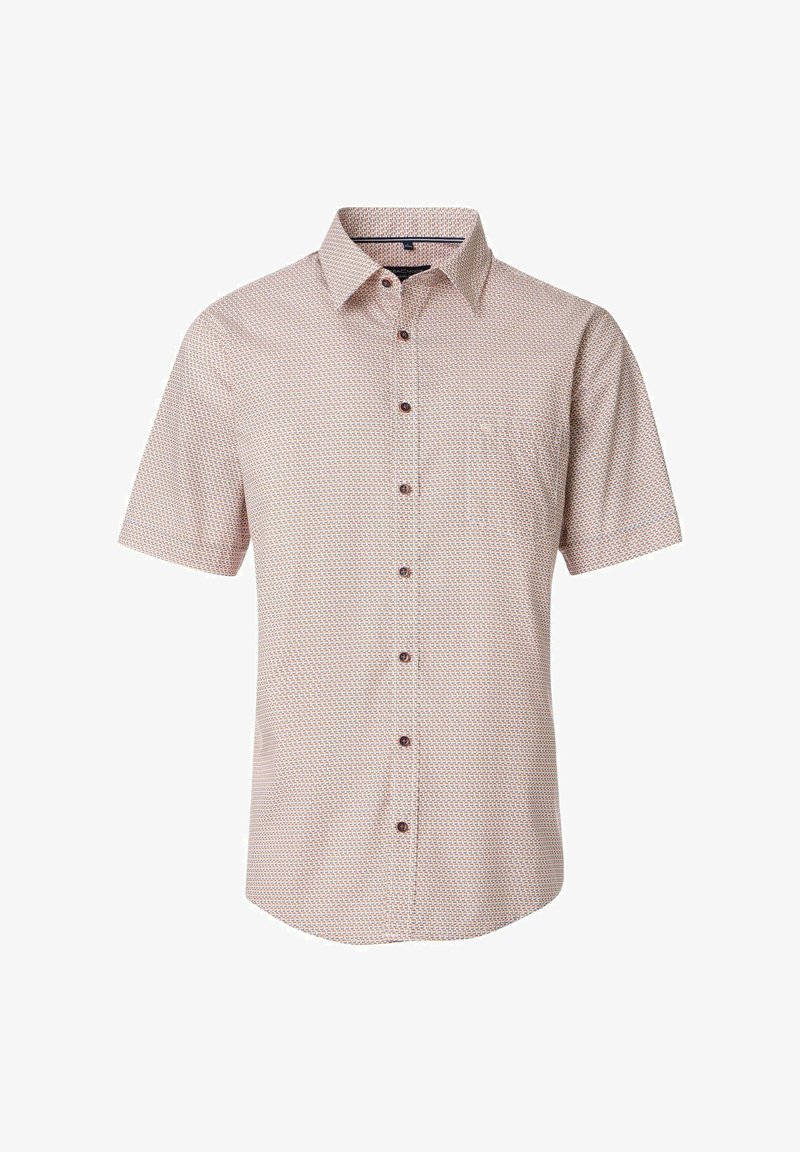 Korte mouw button-up shirt in lichtroze met een geometrisch patroon. Heeft een borstzak en bruine knopen. Soepele stof.