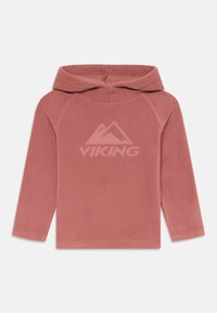 Felpa in pile color rosa con maniche lunghe, grafica di montagna frontale e nome del marchio "VIKING" in una stampa discreta. Tessuto morbido e strutturato.
