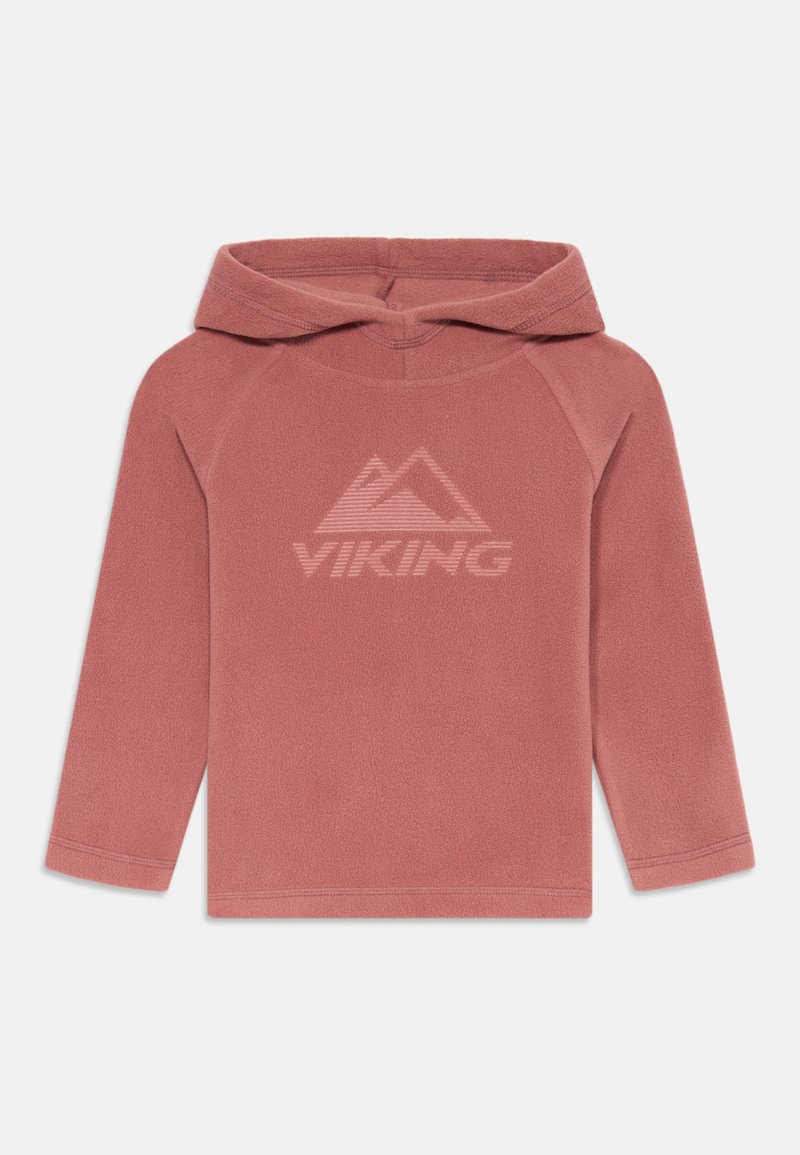 Hoodie de fleece cor-de-rosa com mangas longas, gráfico de montanha na frente e o nome da marca "VIKING" em uma impressão subtil. Tecido suave e texturizado.