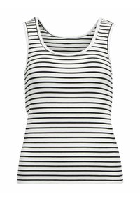 Camiseta sin mangas blanca con rayas horizontales negras, con una textura acanalada y un escote redondeado. Sin hardware ni acentos visibles.