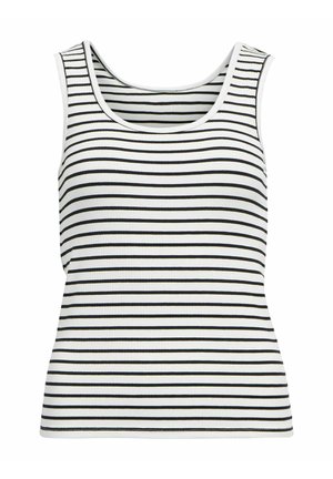 White tank top with black horizontal stripes, featuring a ribbed texture and a rounded neckline. No visible hardware or accents.