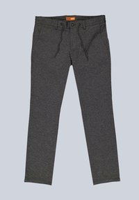 Dunkelgraue gerade geschnittene Hose mit Knopf, Zugband-Taille, Seitentaschen und einem orangefarbenen Etikett an der Innenseite des Bundes auf der Rückseite.