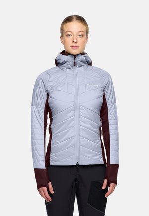 Hellgraue isolierte Jacke mit kastanienbraunen Ärmeln, durchgehendem Reißverschluss, hohem Kragen und diagonaler Steppoptik; verfügt über zwei seitliche Reißverschlusstaschen.