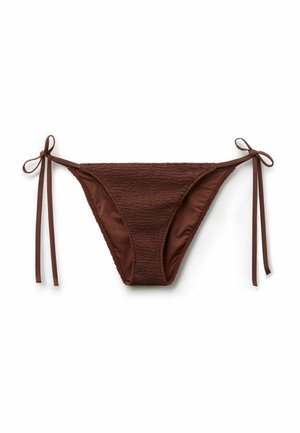 Braguitas de bikini marrones con textura y lazos ajustables en los laterales sobre un fondo blanco.