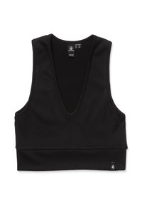 Top court noir côtelé avec un décolleté en V profond, de larges bretelles et une bande ajustée en bas. Présente une étiquette de logo sur le côté.