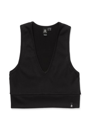 Zwarte geribbelde crop top met een diepe V-hals, brede schouderbanden en een aansluitende band aan de onderkant. Heeft een logootag aan de zijkant.